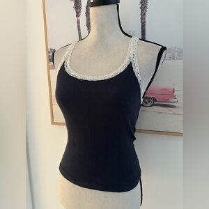 Divided Navy Blue Ribbed Camisole with White Lace Trim